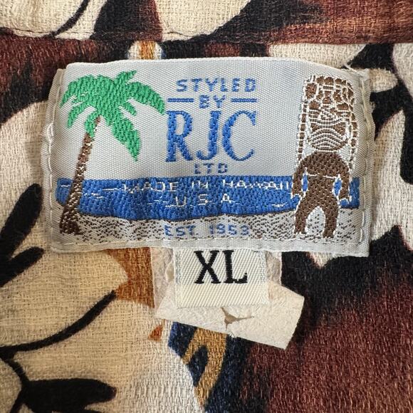 RJC Hawaiian Shirt Mens XL Bark Cloth Brown Hibiscus Surfboards Made in USA - Picture 4 of 11